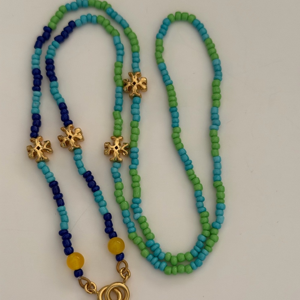 Handcrafted Green & Blue Beaded Women’s Necklace with Gold Accents